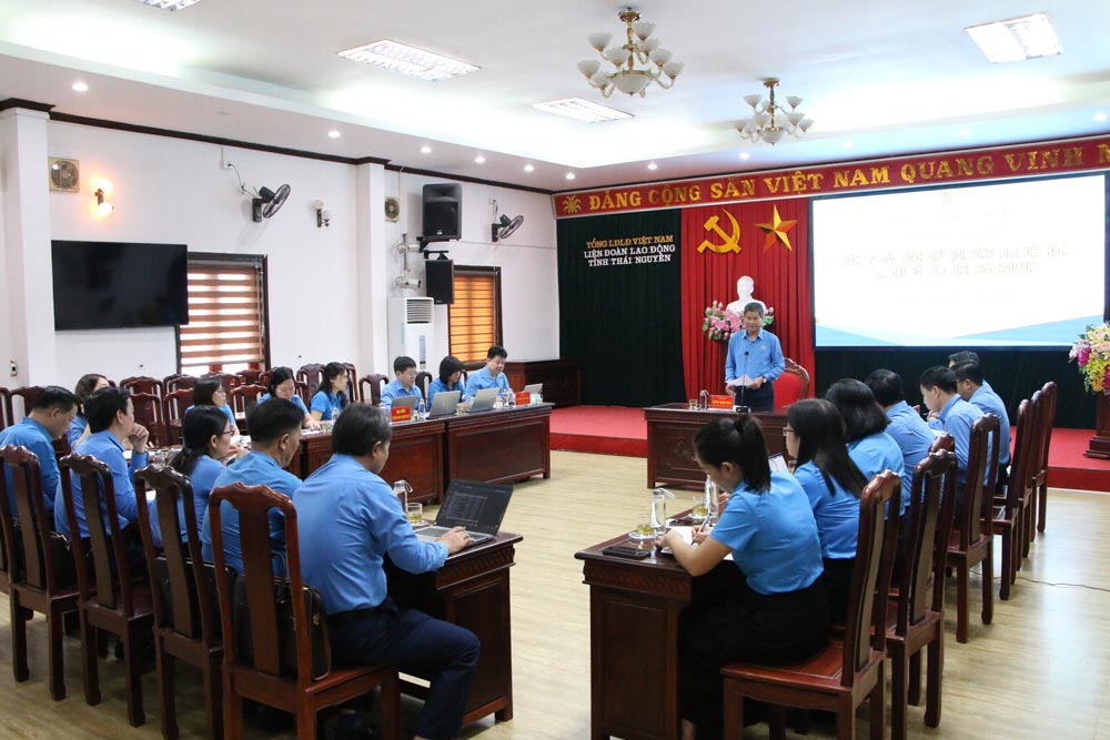 Vice President of the Vietnam General Confederation of Labor Huynh Thanh Xuan speaks at the meeting. Photo: Nguyen Tung