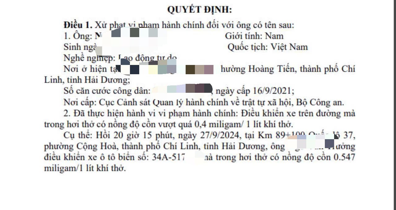 UBND tỉnh Hải Dương xử phạt các cá nhân vi phạm nồng độ cồn. Ảnh: Cổng TTĐT tỉnh Hải Dương