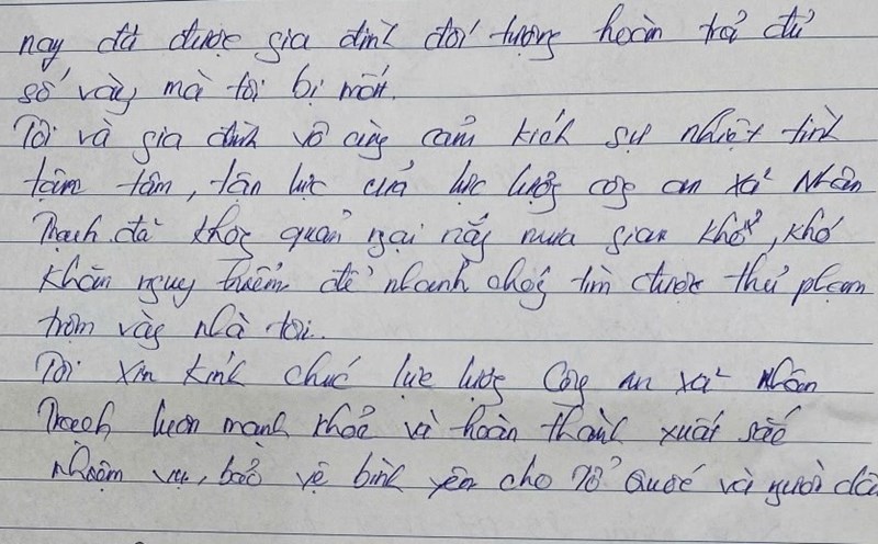 A thank you letter from a local to the police for catching a gold thief. Photo: Quang Binh Police