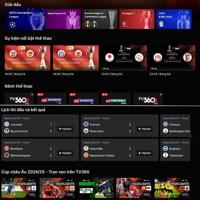 Chuyen trang  “The thao” tren TV360 mang den trai nghiem toan dien voi day du cac giai dau lon tren the gioi, bao gom UEFA Champions League, Europa League, Conference League va V.League, Bundesliga, Serie A, Ngoai Hang Anh,...    Anh: Viettel