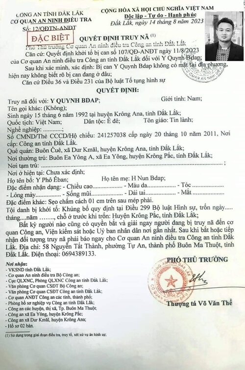 Y Quynh Bdap bi Co quan chuc nang truy na dac biet. Anh: Trang thong tin dien tu Cong an tinh Dak Lak