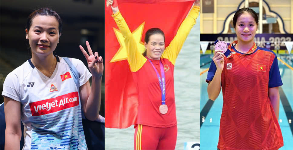 From left to right: Athletes Nguyen Thuy Linh (badminton), Pham Thi Hue (rowing) and Vo Thi My Tien (swimming). Photo: Thanh Vu