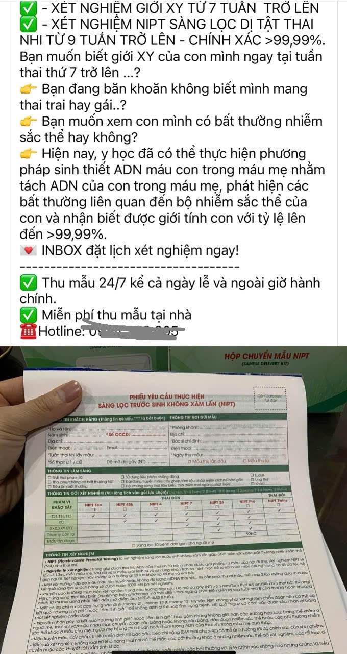 Mot tai khoan tren mang xa hoi dang thong tin dich vu xet nghiem NIPT. Anh: Phuong Anh