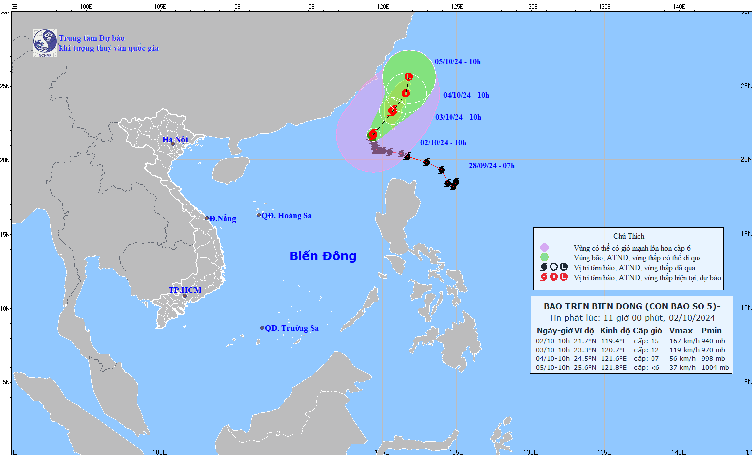 Cap nhat vi tri va duong di cua bao so 5 hoi 11 gio ngay 2.10. Anh: Trung tam Du bao Khi tuong Thuy van Quoc gia