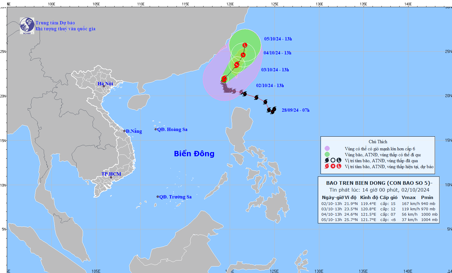 Cap nhat vi tri va duong di cua bao so 5 hoi 14h ngay 2.10. Anh: Trung tam Du bao Khi tuong Thuy van Quoc gia 