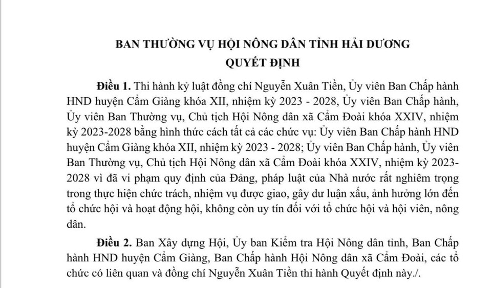 Ông Nguyễn Xuân Tiền - Chủ tịch Hội Nông dân xã Cẩm Đoài (Cẩm Giàng, Hải Dương) bị cách chức. Ảnh: Hội Nông dân tỉnh Hải Dương