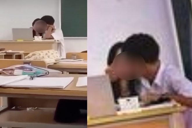 Hình ảnh cô giáo và nam sinh có cử chỉ thân mật quá trớn tại Trường THPT Thạch Bàn (quận Long Biên, Hà Nội) lan truyền trên mạng xã hội. Ảnh: Khánh An