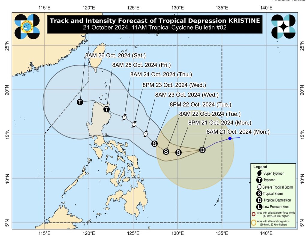 Du bao duong di cua bao Kristine, trong do bao se di vao Bien Dong ngay 26.10. Anh: PAGASA