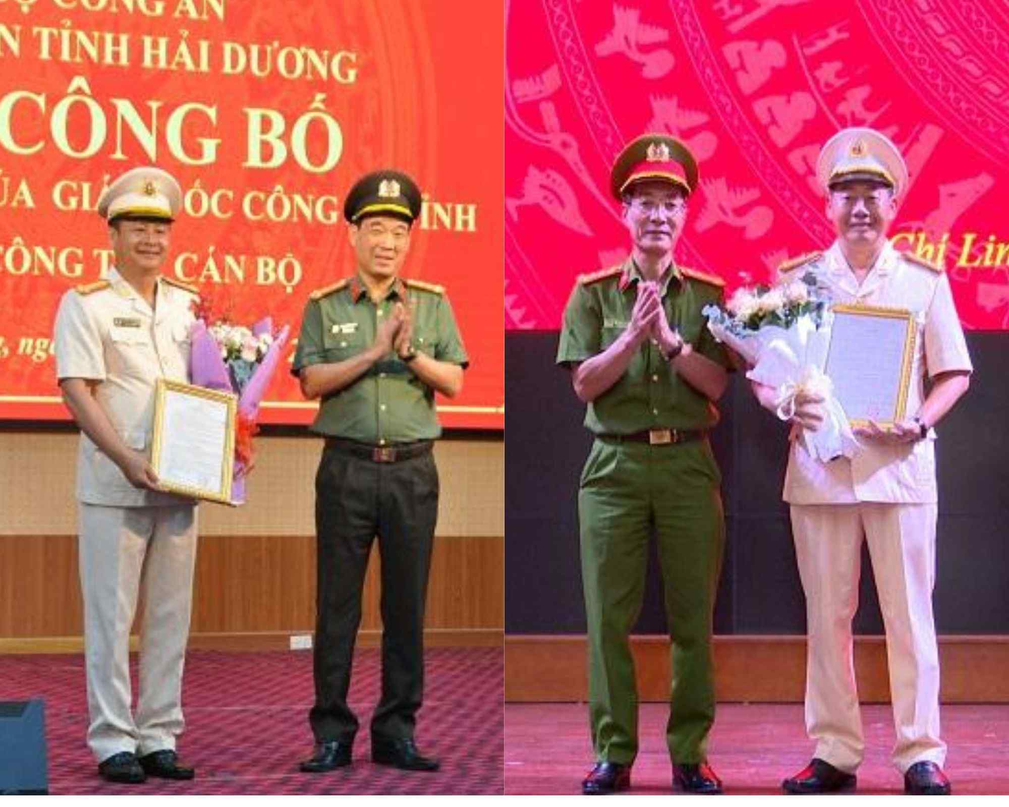 Lieutenant Colonel Nguyen Tuan Hung - Chief of Hai Duong City Police (far left) and Lieutenant Colonel Nguyen Hoang Long - Chief of Chi Linh City Police (far right) received their new job decisions. Photo: Hai Duong Provincial Police
