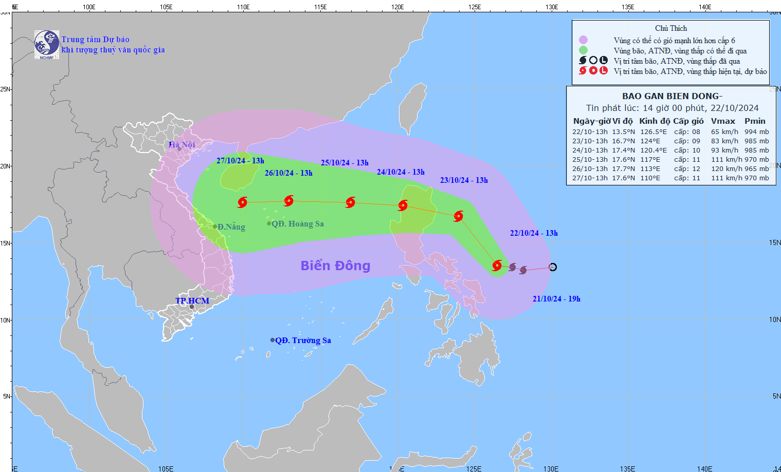 Location and path of storm Tra Mi updated at 2:00 p.m. on October 22. Photo: National Center for Hydro-Meteorological Forecasting