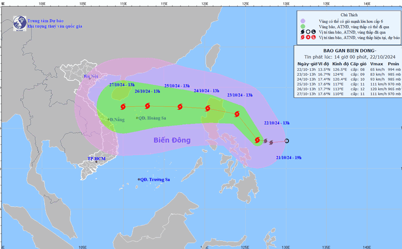 Location and path of storm Tra Mi updated at 2:00 p.m. on October 22. Photo: National Center for Hydro-Meteorological Forecasting