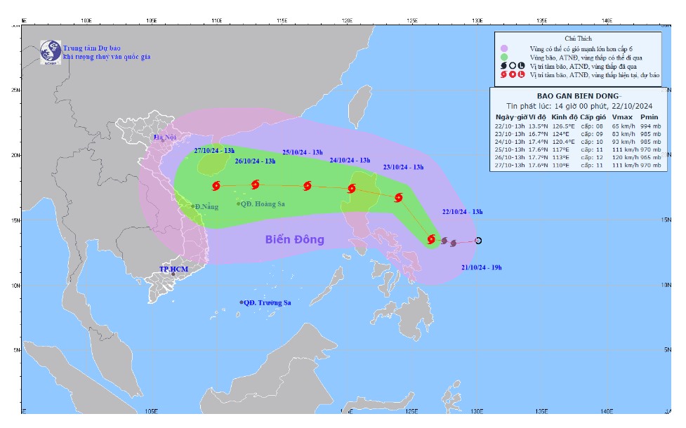 Bao so 6 Tra Mi tiep tuc manh len khi den gan Viet Nam. Anh: Trung tam Du bao Khi tuong Thuy van quoc gia