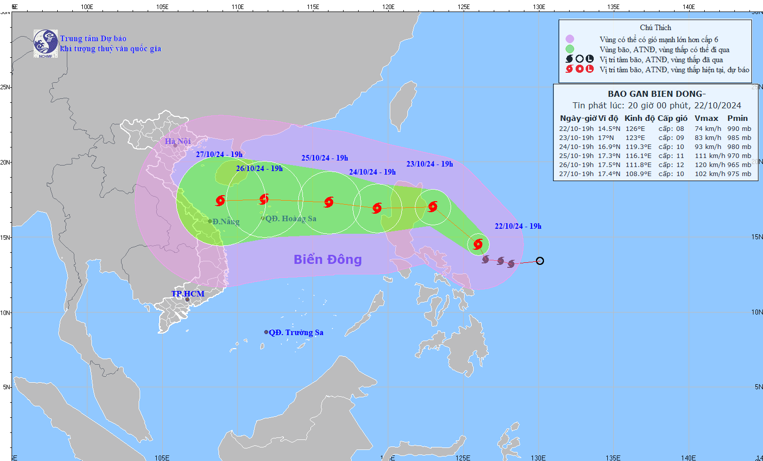 Updated location and path of storm Tra Mi at 8:00 p.m. on October 22. Photo: National Center for Hydro-Meteorological Forecasting