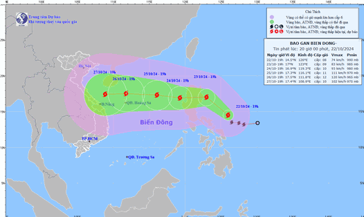 Cập nhật vị trí và đường đi của bão Trà Mi vào 20h ngày 22.10. Ảnh: Trung tâm Dự báo Khí tượng Thủy văn Quốc gia