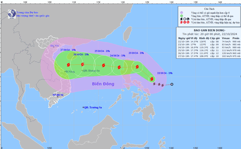 Updated location and path of storm Tra Mi at 8:00 p.m. on October 22. Photo: National Center for Hydro-Meteorological Forecasting