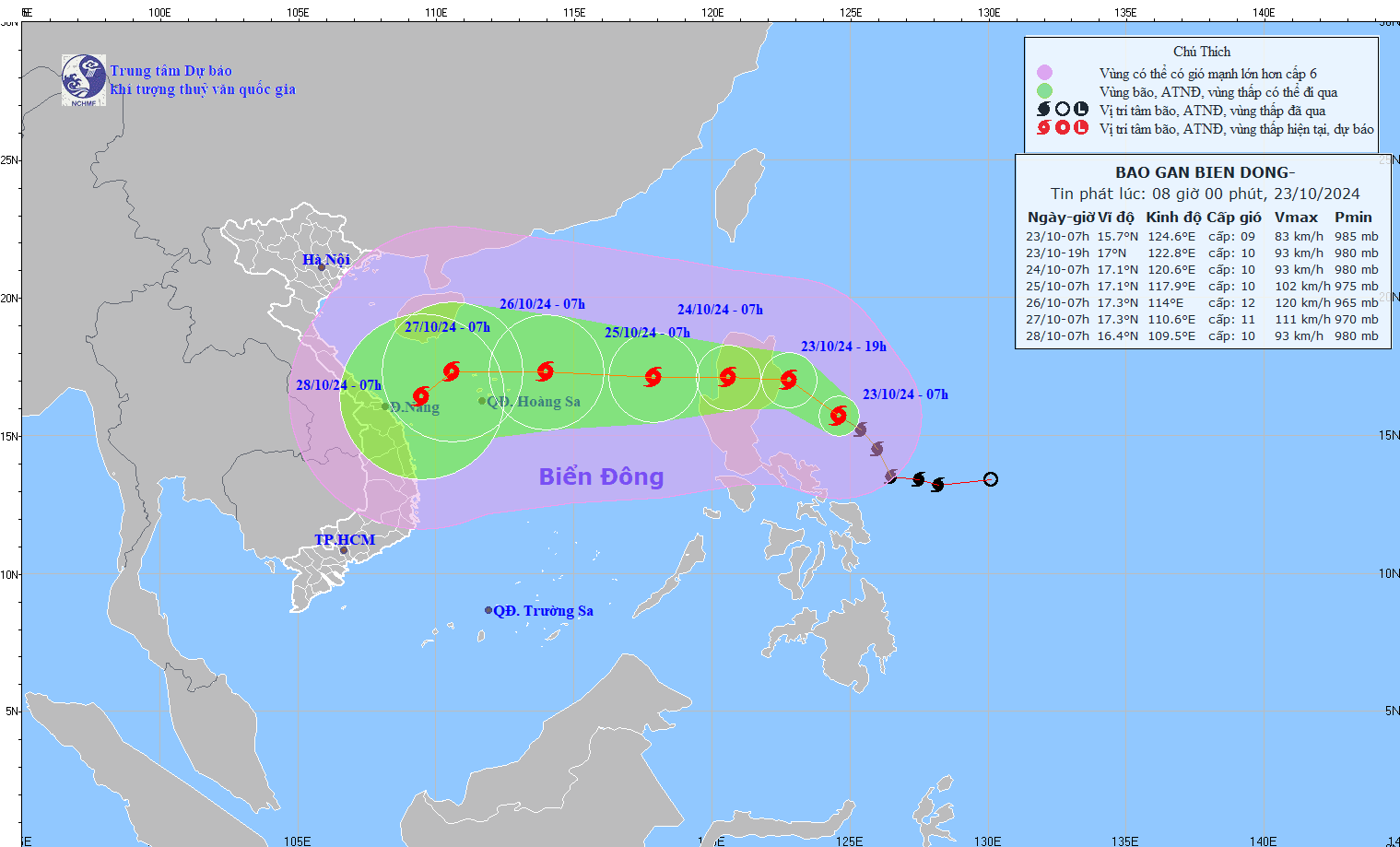 Cap nhat vi tri va duong di cua bao Tra Mi vao 8h ngay 23.10. Anh: Trung tam Du bao Khi tuong Thuy van Quoc gia