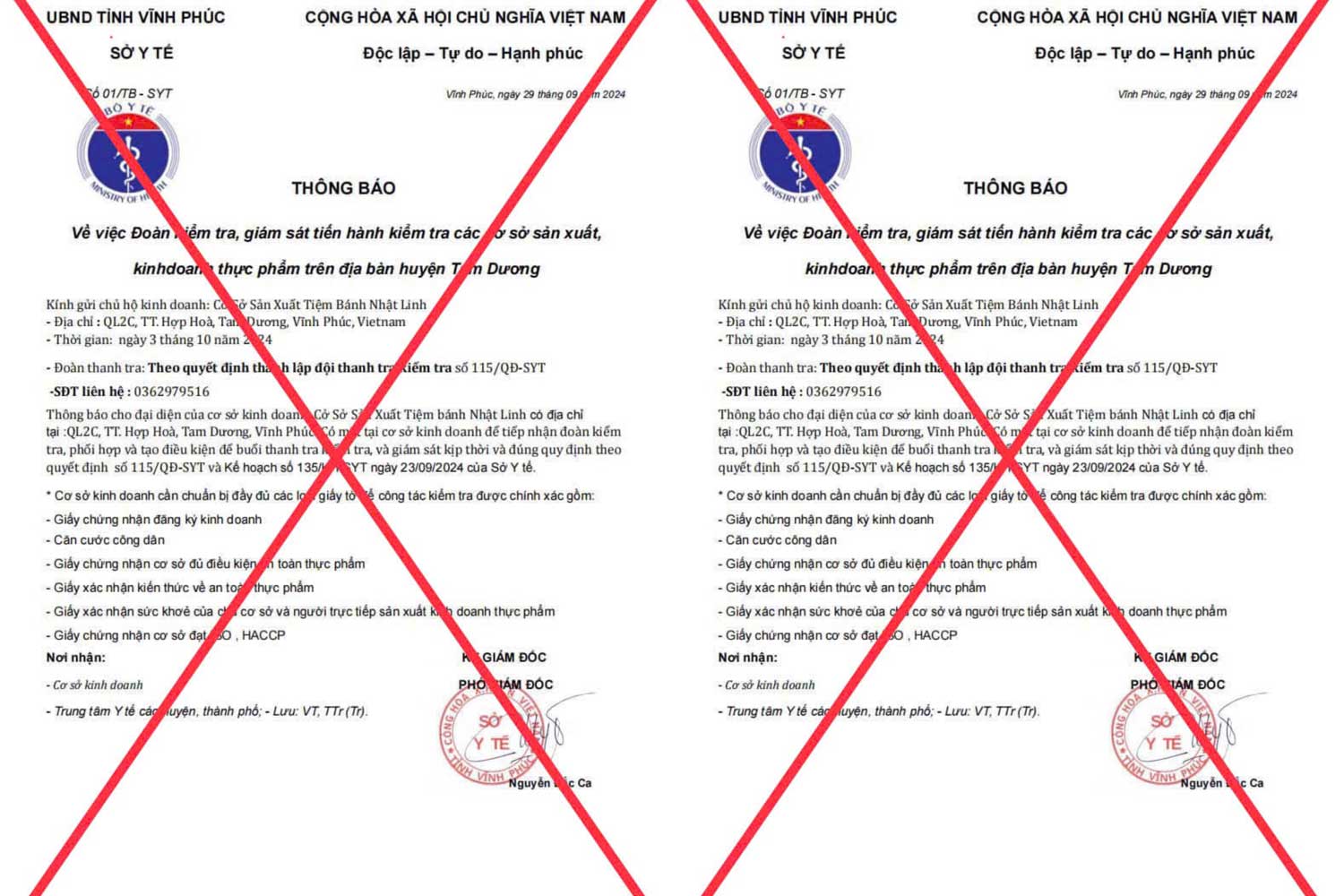 Thông báo giả mạo Sở Y tế Vĩnh Phúc để lừa đảo. Ảnh: Đơn vị cung cấp