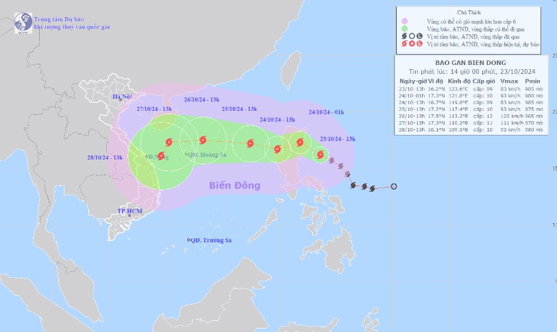 Du bao vi tri va huong di chuyen bao Tra Mi luc 14h ngay 23.10. Anh: Trung tam Du bao Khi tuong Thuy van Quoc gia