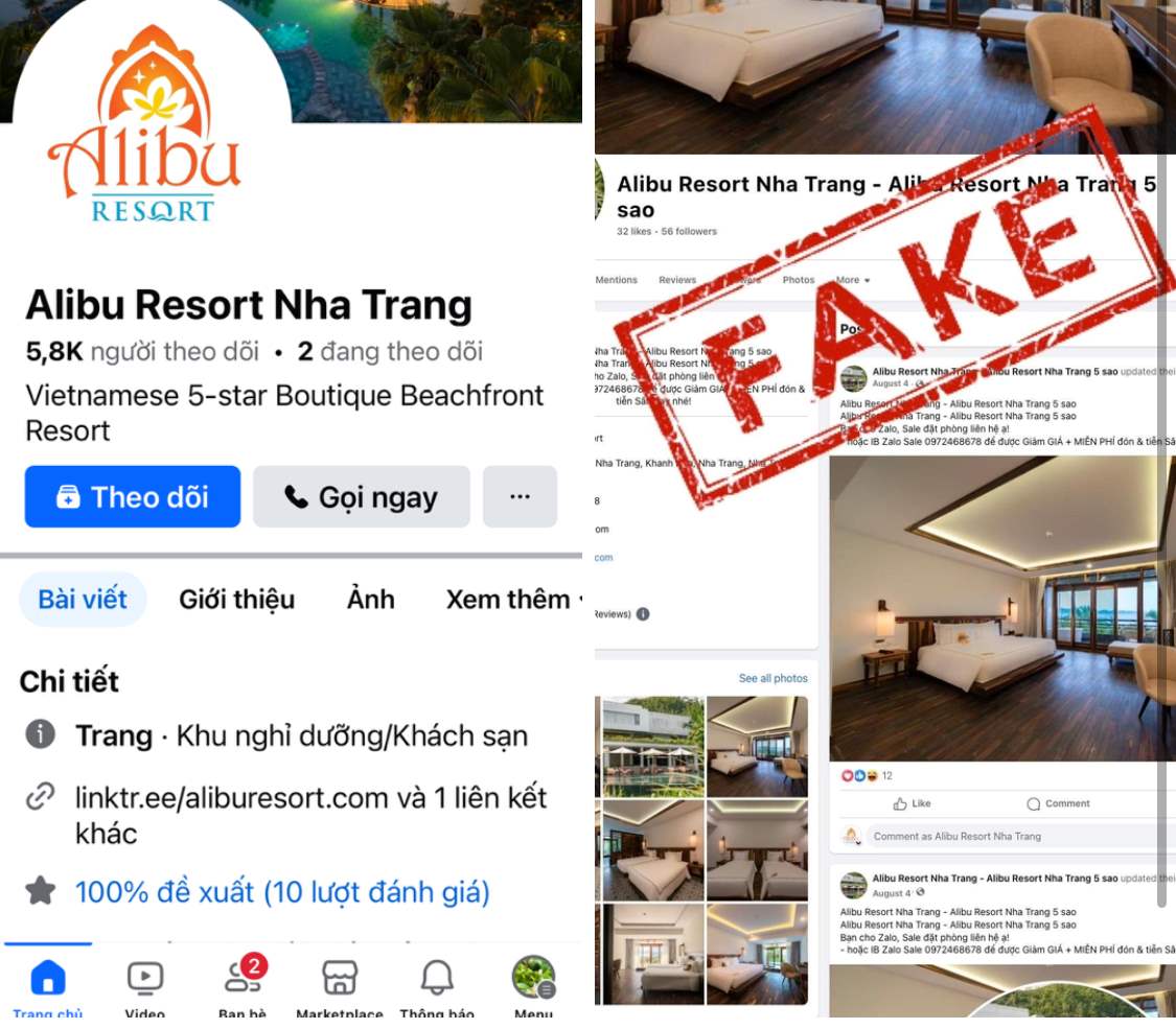 Hình ảnh trang fanpage chính thức và trang fanpage giả mạo các đối tượng dùng lừa đảo bị phát hiện. Ảnh: Phương Linh