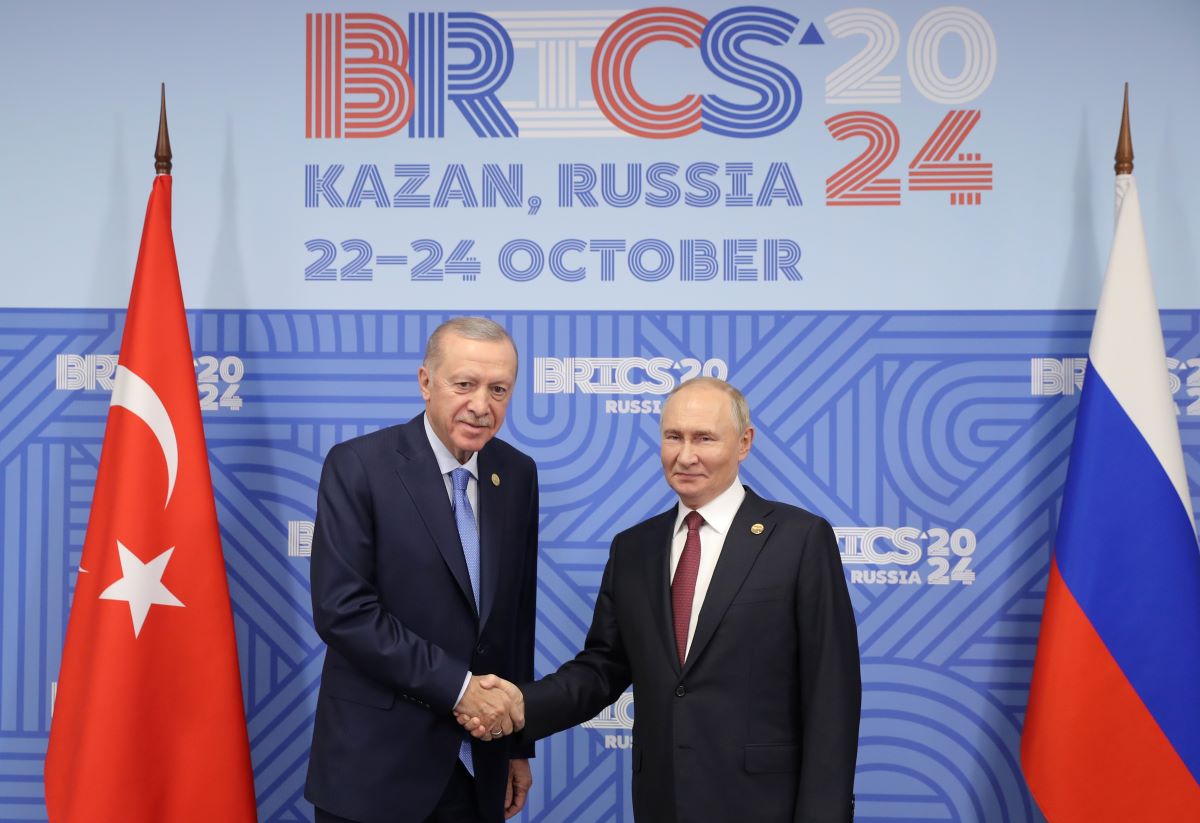 Tổng thống Nga Vladimir Putin gặp Tổng thống Thổ Nhĩ Kỳ Reccep Tayyip Erdogan tại Hội nghị thượng đỉnh BRICS, ngày 23.10.2024. Ảnh: BRICS 2024