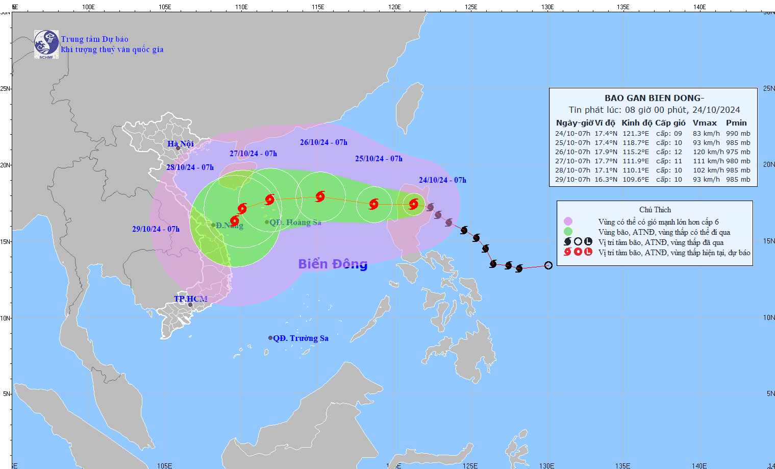 Cap nhat vi tri va duong di cua bao Tra Mi hoi 8 gio ngay 24.10. Anh: Trung tam Du bao Khi tuong Thuy van Quoc gia