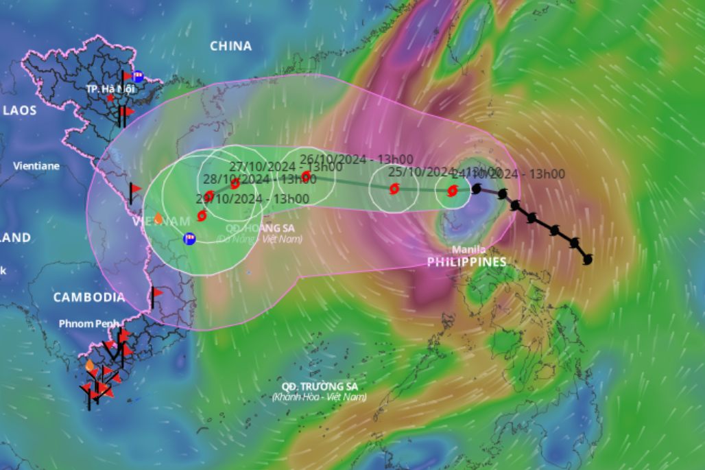 Cập nhật vị trí và đường đi của bão Trà Mi hồi 14 giờ ngày 24.10. Ảnh: Hệ thống Giám sát thiên tai Việt Nam