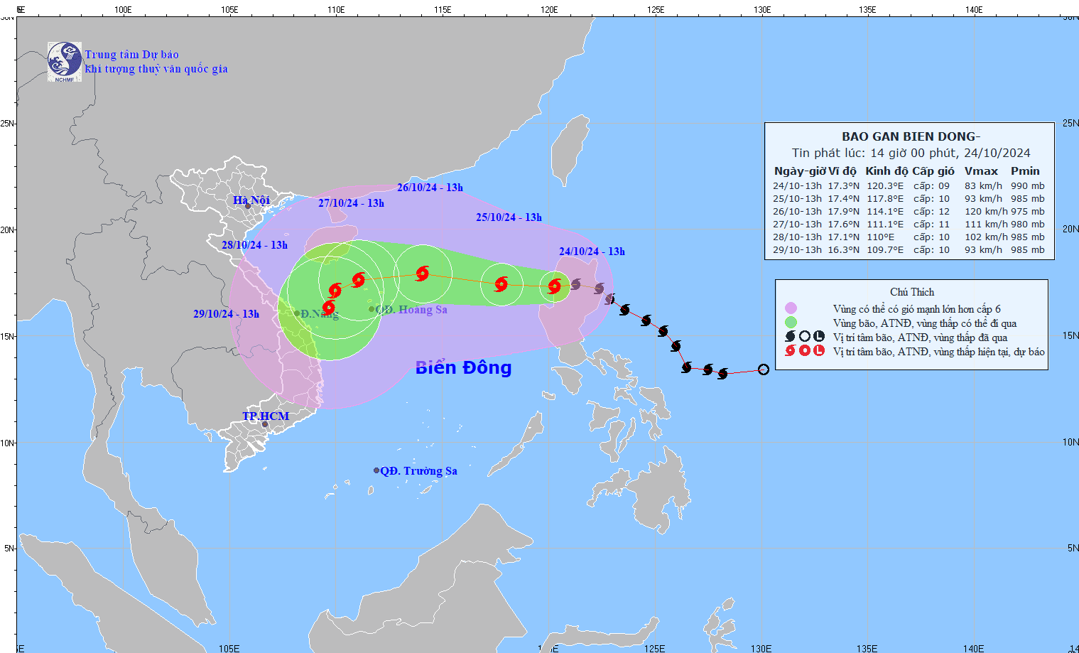 Cap nhat vi tri va duong di cua bao Tra Mi hoi 14 gio ngay 24.10. Anh: Trung tam Du bao Khi tuong Thuy van Quoc gia