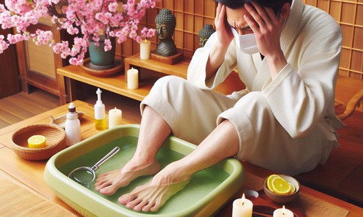 Ngâm chân nước nóng để giảm chứng đau nửa đầu hoạt động bằng cách giãn nở các mạch máu ở bàn chân. Ảnh - AI: Ngọc Thùy