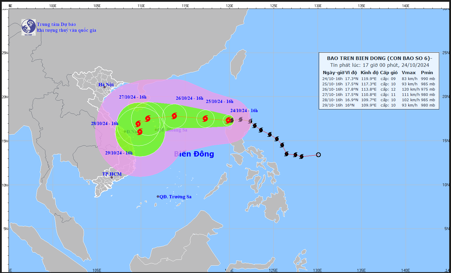 Cap nhat vi tri va duong di cua bao so 6 Tra Mi hoi 17 gio ngay 24.10. Anh: Trung tam Du bao Khi tuong Thuy van Quoc gia