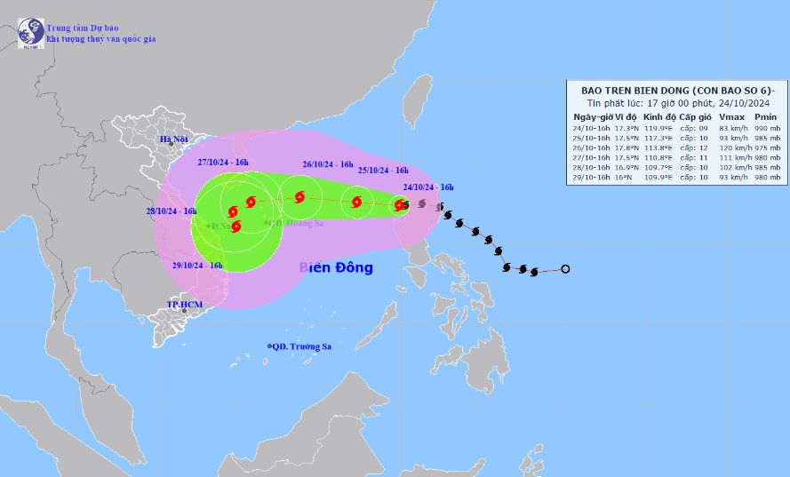 Vi tri va huong di chuyen bao Tra Mi luc 16h ngay 24.10. Anh: Trung tam Du bao Khi tuong Thuy van Quoc gia 