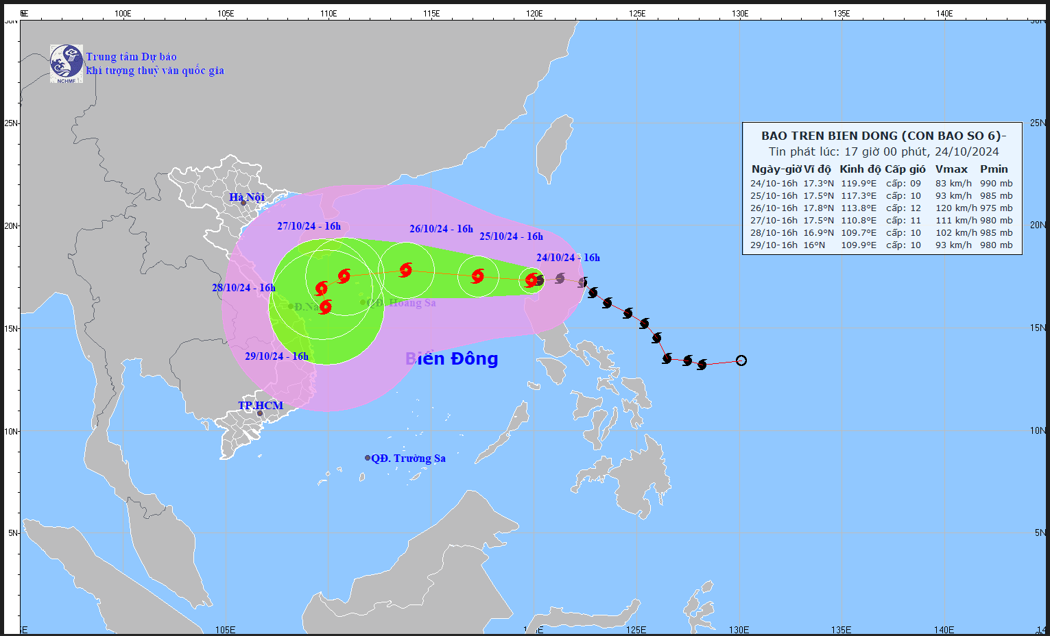 Updated location and path of storm No. 6 Tra Mi at 5:00 p.m. on October 24. Photo: National Center for Hydro-Meteorological Forecasting