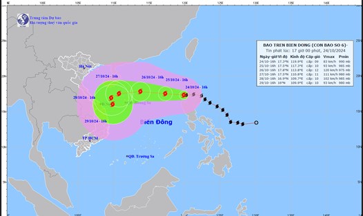 Cập nhật vị trí và đường đi của bão số 6 Trà Mi hồi 17 giờ ngày 24.10. Ảnh: Trung tâm Dự báo Khí tượng Thủy văn Quốc gia