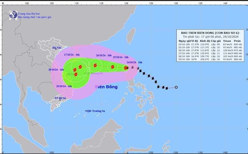 Updated location and path of storm No. 6 Tra Mi at 5:00 p.m. on October 24. Photo: National Center for Hydro-Meteorological Forecasting