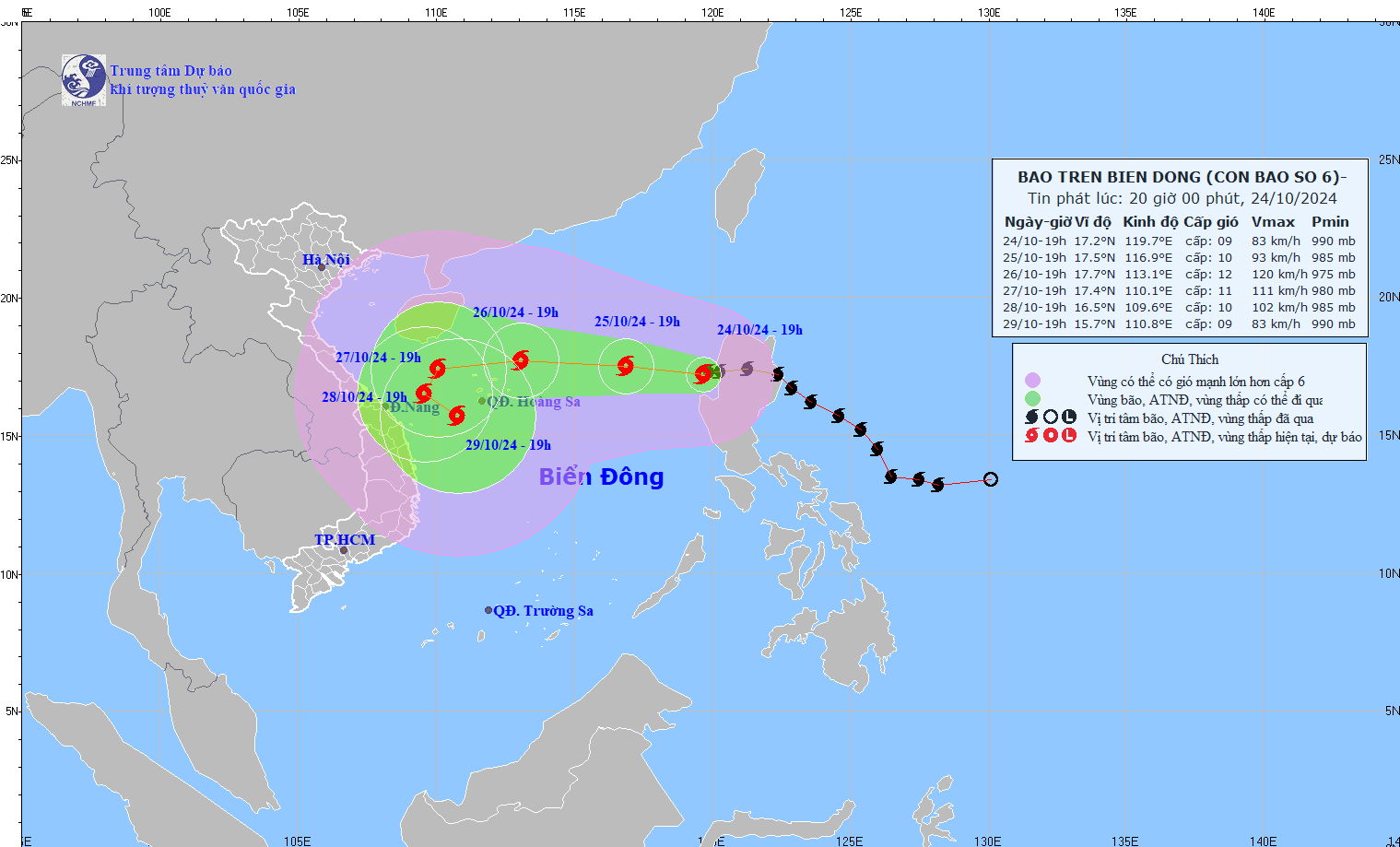 Cap nhat vi tri va duong di cua bao so 6 Tra Mi hoi 20 gio ngay 24.10. Anh: Trung tam Du bao Khi tuong Thuy van Quoc gia