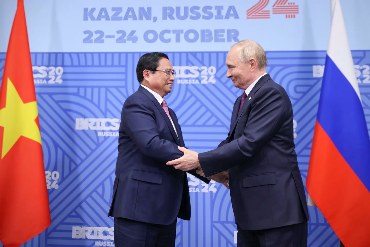 Tong thong Vladimir Putin chao mung va cam on Thu tuong Chinh phu Pham Minh Chinh tham du Hoi nghi cac Nha lanh dao Nhom BRICS mo rong 2024. Anh: VGP