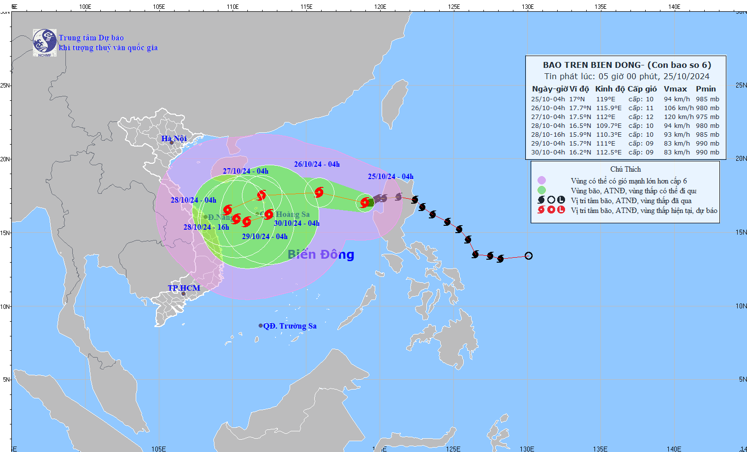 Cap nhat vi tri va duong di cua bao Tra Mi vao 4h ngay 25.10. Anh: Trung tam Du bao Khi tuong Thuy van Quoc gia