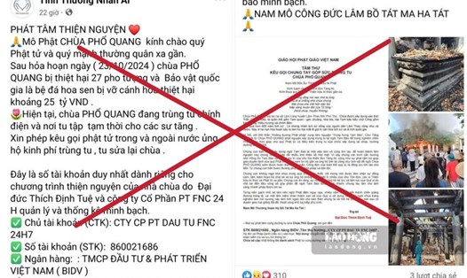 Thông tin fanpage trên Facebook kêu gọi ủng hộ tu sửa chùa Phổ Quang là giả mạo. Ảnh: Tô Công.