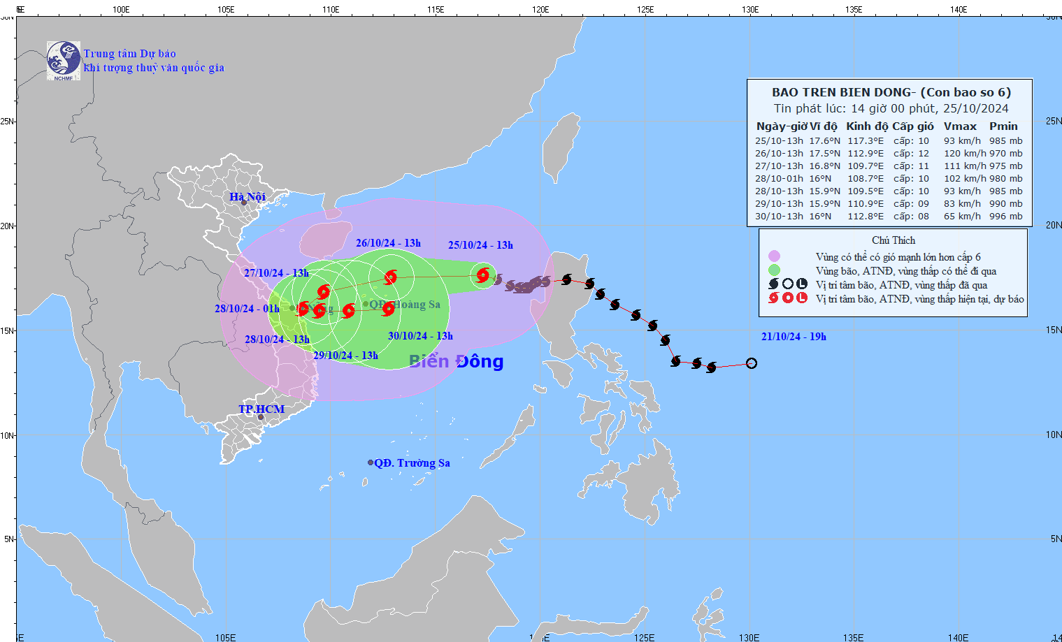 Cap nhat vi tri va duong di cua bao Tra Mi vao 14h ngay 25.10. Anh: Trung tam Du bao Khi tuong Thuy van Quoc gia