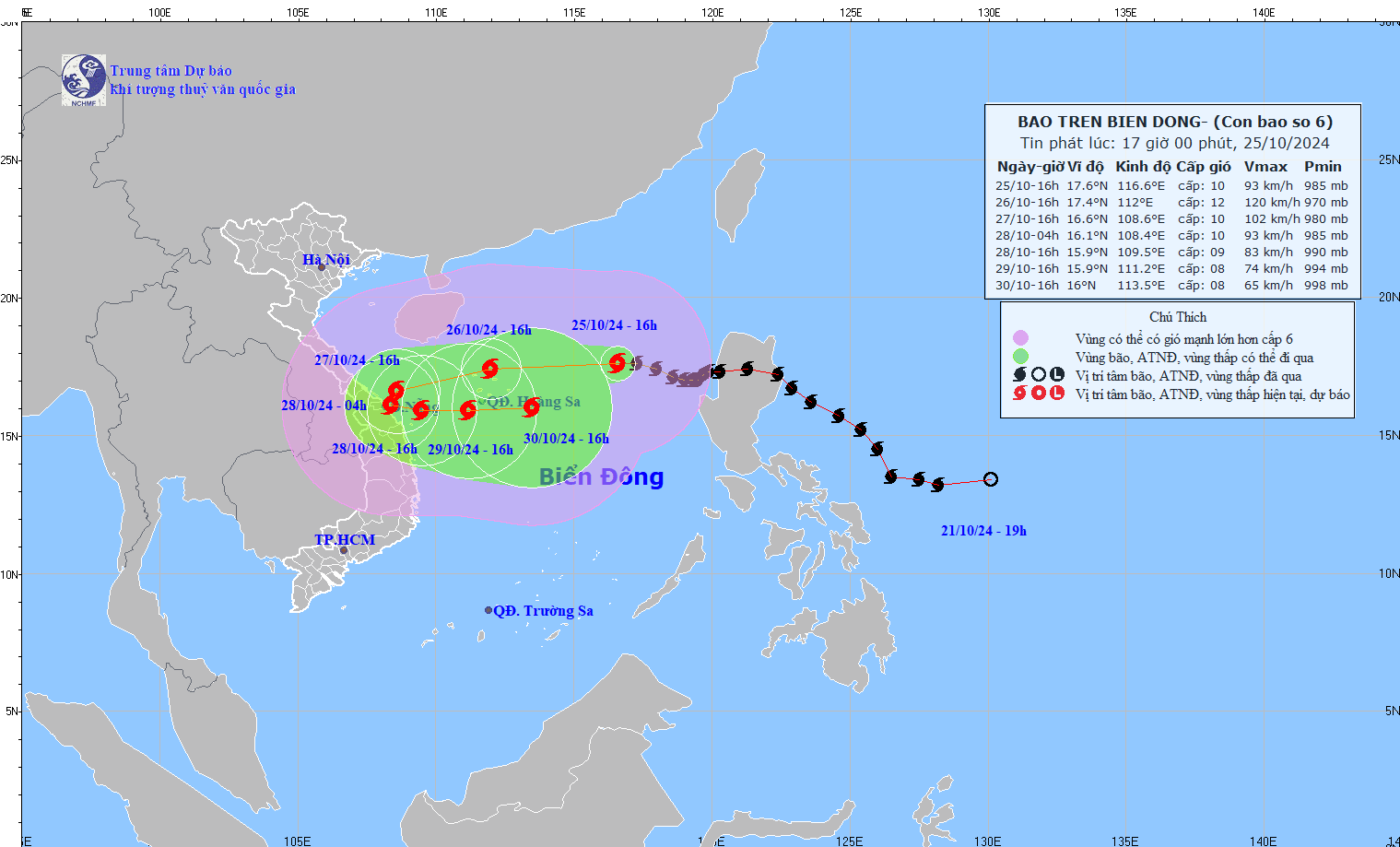 Cap nhat vi tri va duong di cua bao Tra Mi vao 17h ngay 25.10. Anh: Trung tam Du bao Khi tuong Thuy van Quoc gia