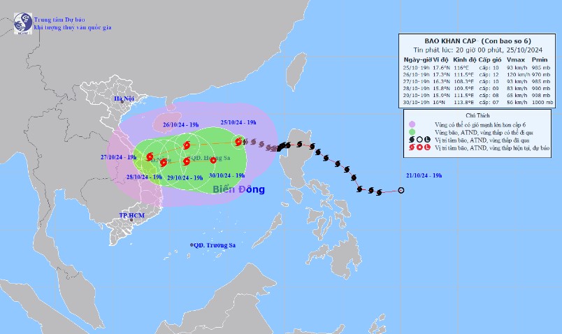 Location and path of storm No. 6 at 8:00 p.m. on October 25. Photo: National Hydrometeorological Center