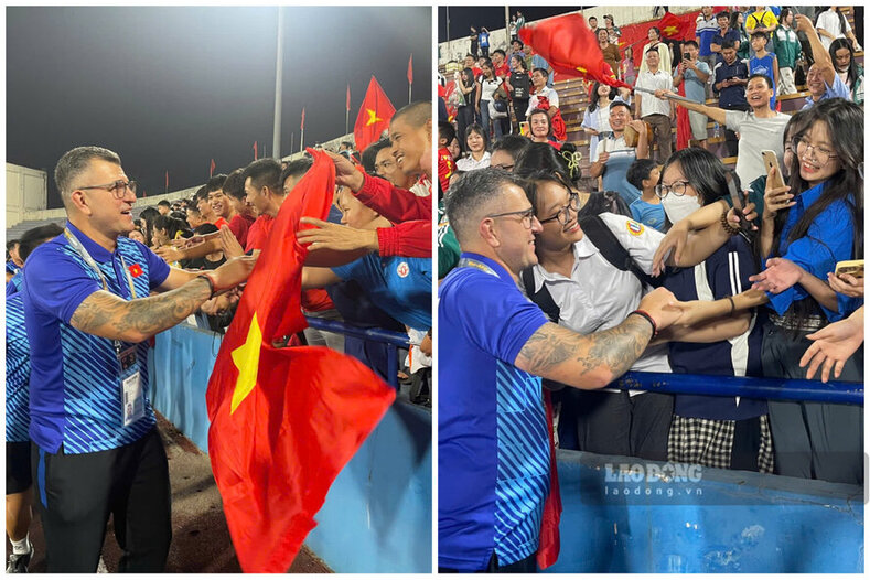 Coach Cristiano Roland interacts with fans at Viet Tri Stadium after Vietnam U17's victory over Myanmar U17. Photo: To Cong.