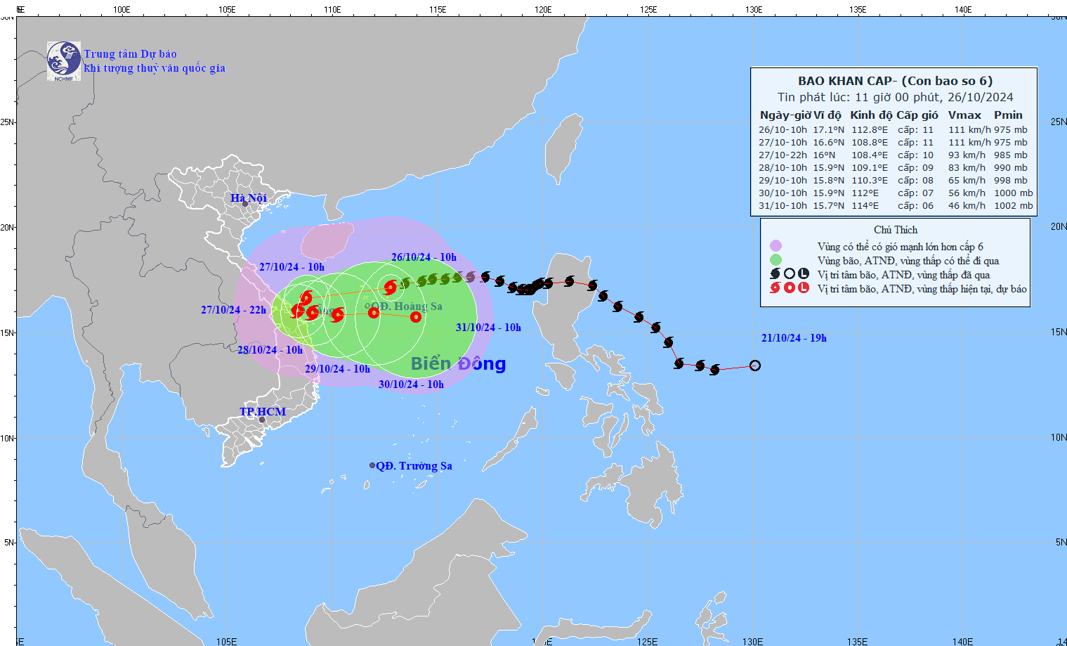 Cap nhat duong di cua bao Tra Mi hoi 11 gio ngay 26.10. Anh: Trung tam Du bao Khi tuong Thuy van Quoc gia