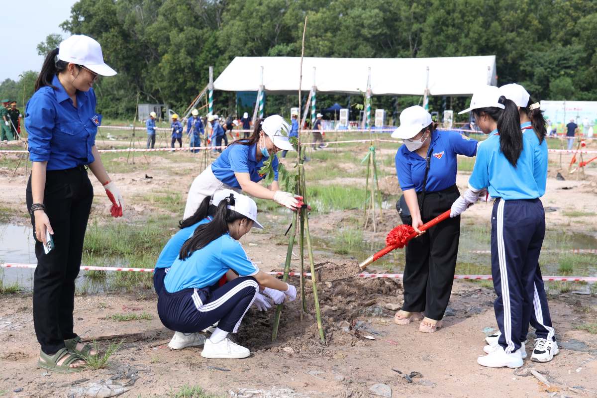 Các em học sinh, thanh niên tham gia trồng cây xanh. Ảnh: LSP