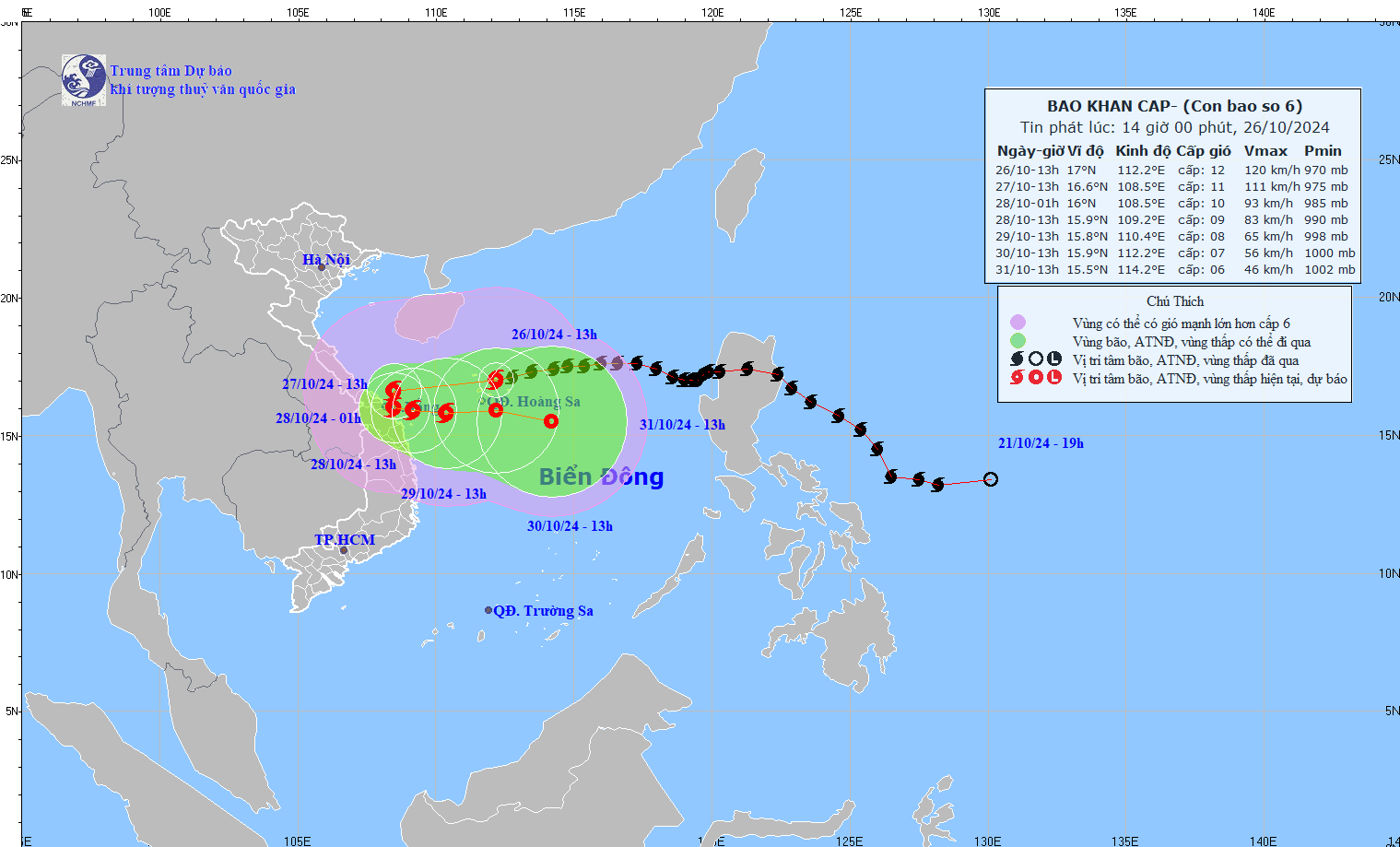 Cap nhat duong di cua bao Tra Mi hoi 14 gio ngay 26.10. Anh: Trung tam Du bao Khi tuong Thuy van Quoc gia