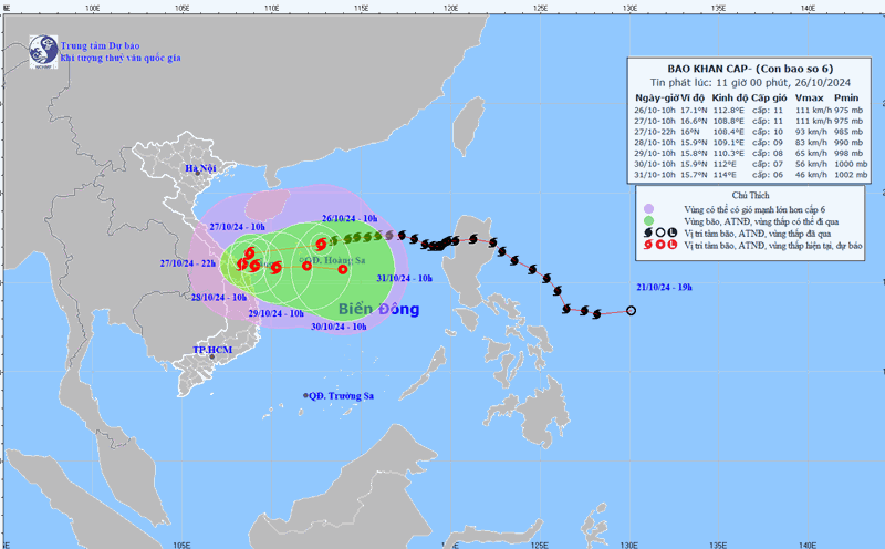 Updated path of storm Tra Mi at 11am on October 26. Photo: National Centre for Hydro-Meteorological Forecasting