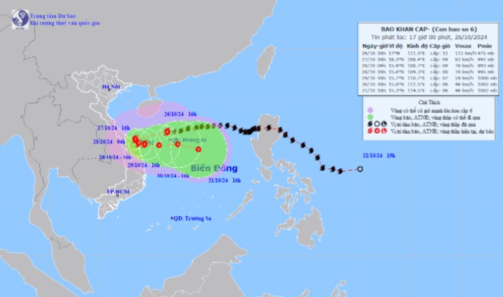 Vi tri va duong di cua bao so 6 vao luc 16h ngay 26.10. Anh: Trung tam Khi tuong Thuy van quoc gia 