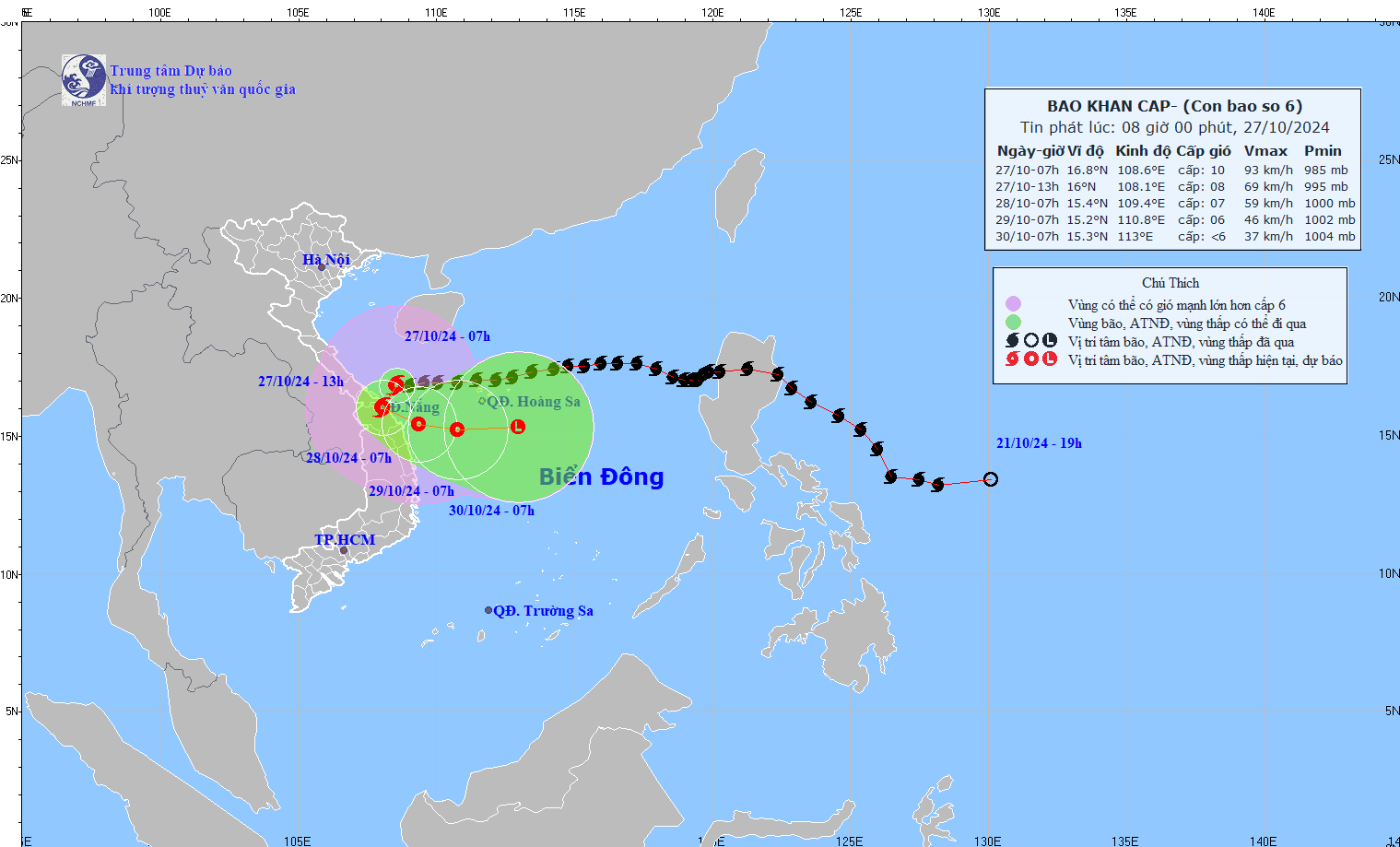 Cap nhat duong di cua bao Tra Mi hoi 8h ngay 27.10. Anh: Trung tam Du bao Khi tuong Thuy van Quoc gia