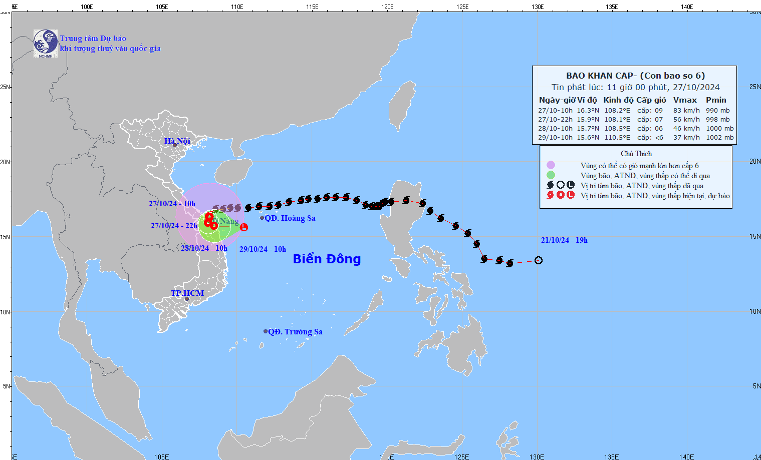 Cap nhat duong di cua bao Tra Mi hoi 11h ngay 27.10. Anh: Trung tam Du bao Khi tuong Thuy van Quoc gia