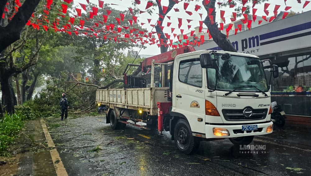 Mua lon da khien mot so tuyen duong bi ngap cuc bo khien phuong tien di chuyen kho khan. Cay xanh, bien hieu quang cao bi gay do do gio lon, giat manh.