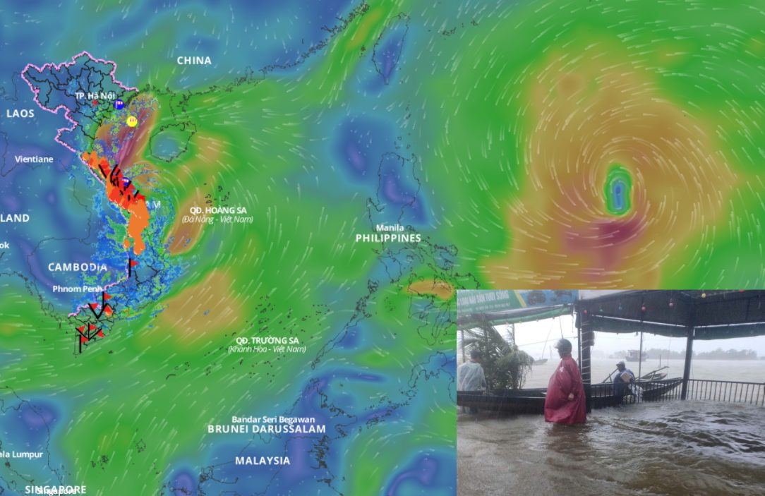 Storm Tra Mi is about to weaken into a tropical depression, combining with cold air to cause rain in the Central region. Source: Vietnam Disaster Monitoring System/Photo collage: An An